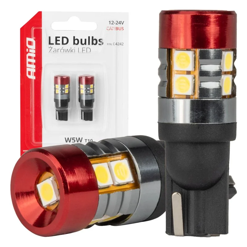 Φωτογραφία προϊόντος: ΛΑΜΠΑΚΙΑ LED T10 W5W 12V/24V LED CAN-BUS 9xSMD 3030 ΛΕΥΚΟ ΦΩΣ 5.500K (ΣΕ ΧΡΩΜΑ ΚΟΚΚΙΝΟ-ΜΑΥΡΟ) AMIO - 2 ΤΕΜ.