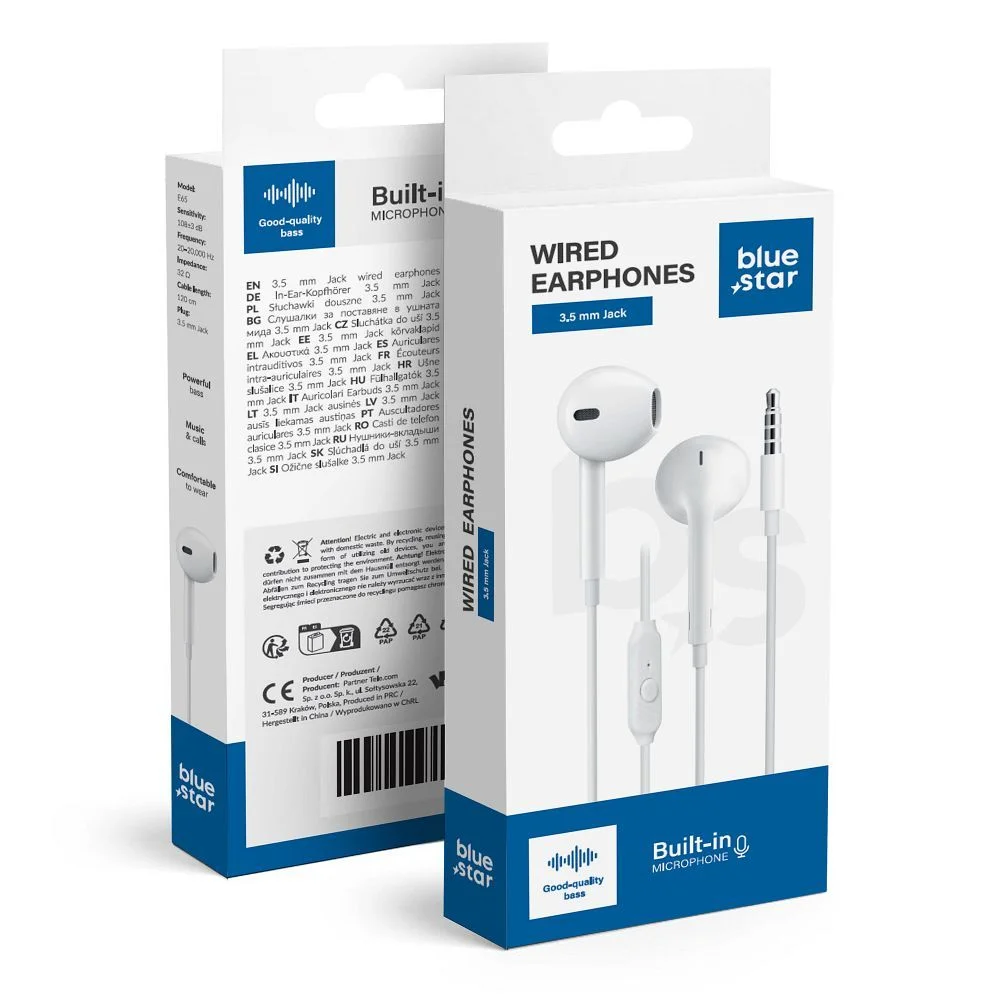 Φωτογραφία προϊόντος: . BLUE STAR wire earphones Jack 3,5 mm with microphone PA-E65 1,2 m white