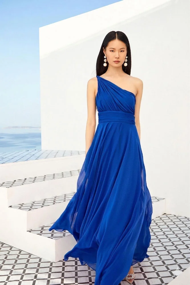 Φωτογραφία προϊόντος: Andrianopoulos Fashion Stores since 1930 Αέρινο Μάξι Φόρεμα με Έναν Ώμο σε Royal Blue – Andrianopoulos