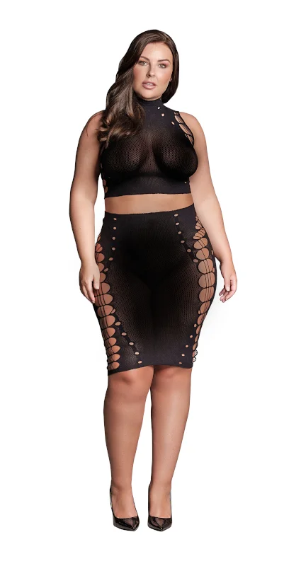 Φωτογραφία προϊόντος: Kala XXXVII-Mαύρο Two Piece με Turtleneck, Crop Top και Φούστα-Plus Size