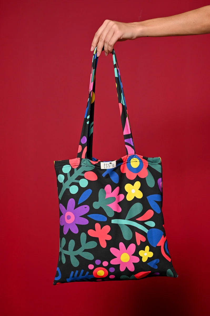 Φωτογραφία προϊόντος: Black Mexican Flowers Tote Bag Petit Boutik