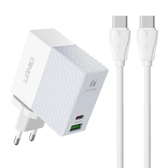 Φωτογραφία προϊόντος: OEM Ldnio Φορτιστής με Θύρα USB-A και Θύρα USB-C και Καλώδιο USB-C 65W Power Delivery / Quick Charge 3.0 Λευκός (A2620C)