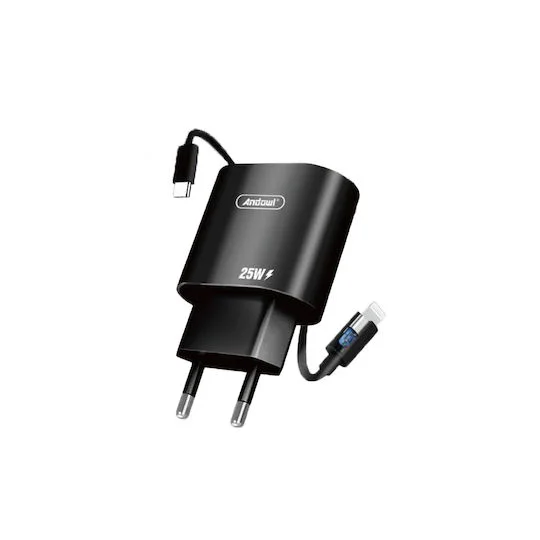 Φωτογραφία προϊόντος: OEM Andowl Φορτιστής με Θύρα USB-C και Καλώδιο USB-C - Lightning 25W Μαύρος (Q-CD699)