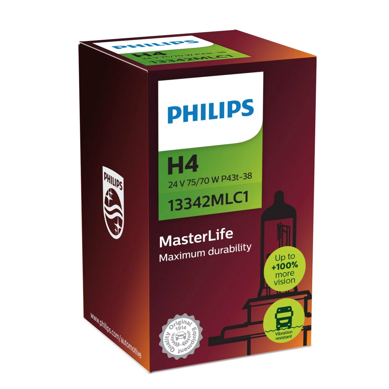 Φωτογραφία προϊόντος: PHILIPS H4 24V 75/70W P43t-38 MasterLife μέγιστη αντοχή & 4x διάρκεια ζωής 1τμχ 13342MLC1