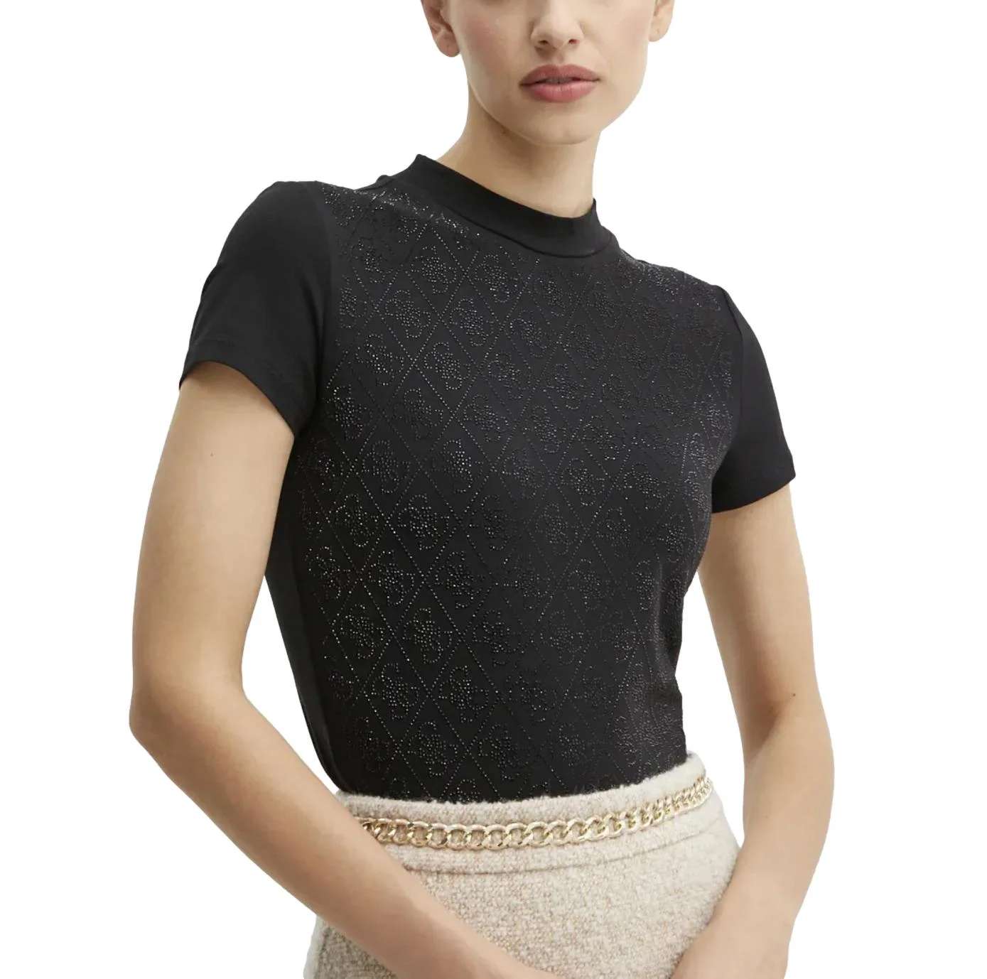 Φωτογραφία προϊόντος: Γυναικείο T-shirt Guess mock neck tee all over 4g μαύρο