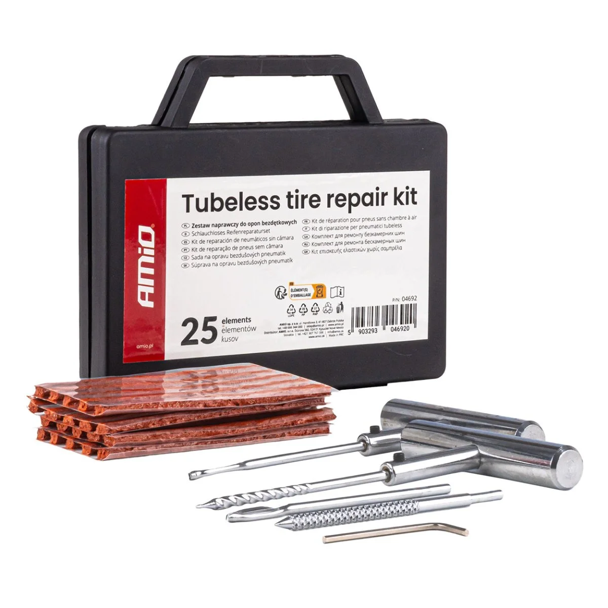 Φωτογραφία προϊόντος: AMIO Amio - Κιτ Επισκευής Ελαστικών με Κορδόνι σε Κουτί Μεταφοράς - 25τεμ (04692) 04692/AM