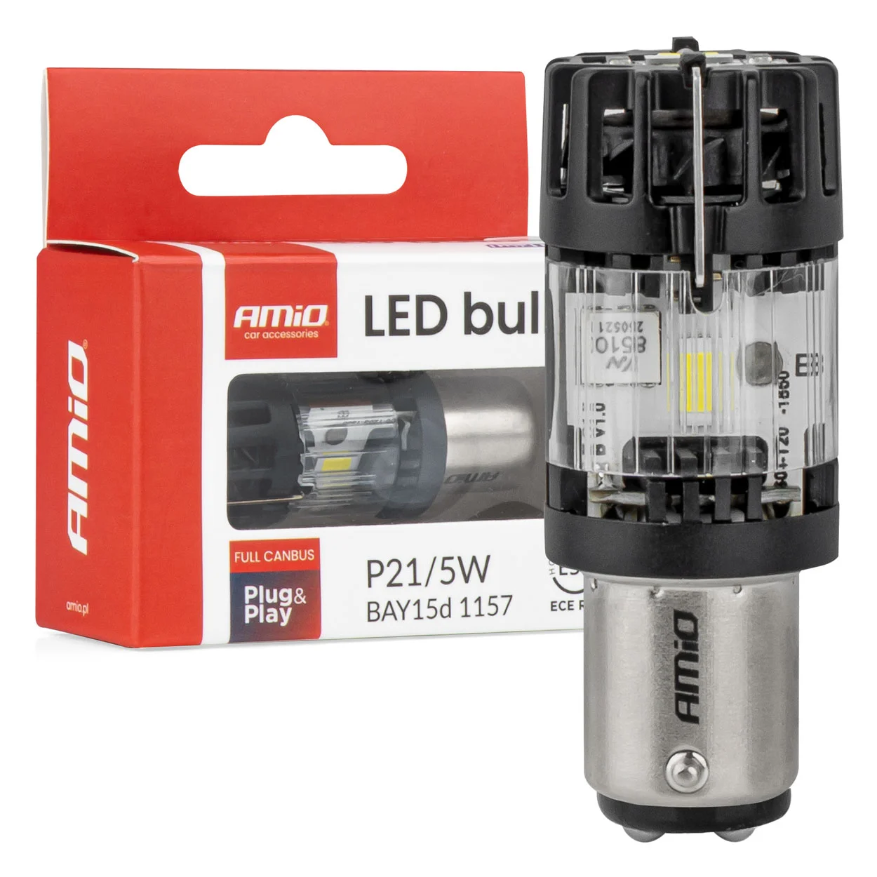 Φωτογραφία προϊόντος: Amio – LED CSP P21/5W BAY15d Διπολικό 12V 66W 4800lm 6500K Full CANBUS για Στοπ & Θέσης Ισχυρό Φως – 1 Τεμ. (04689/AM)
