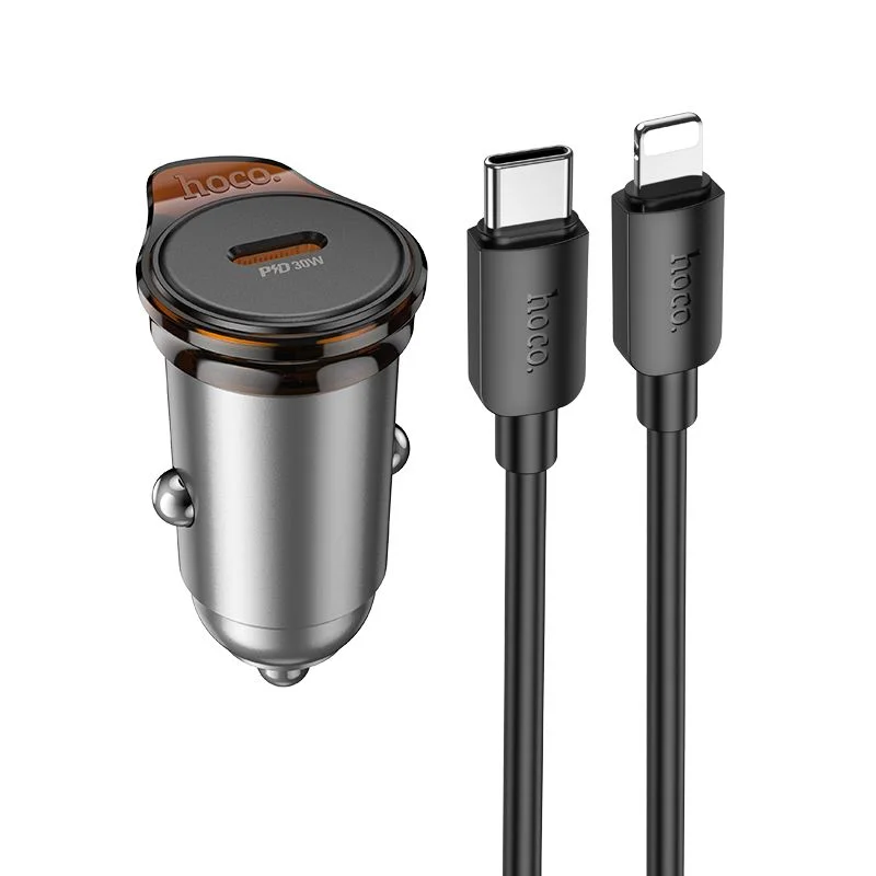 Φωτογραφία προϊόντος: . HOCO car charger Type C + cable Type C to Lightning PD QC 30W NZ16 metal gray