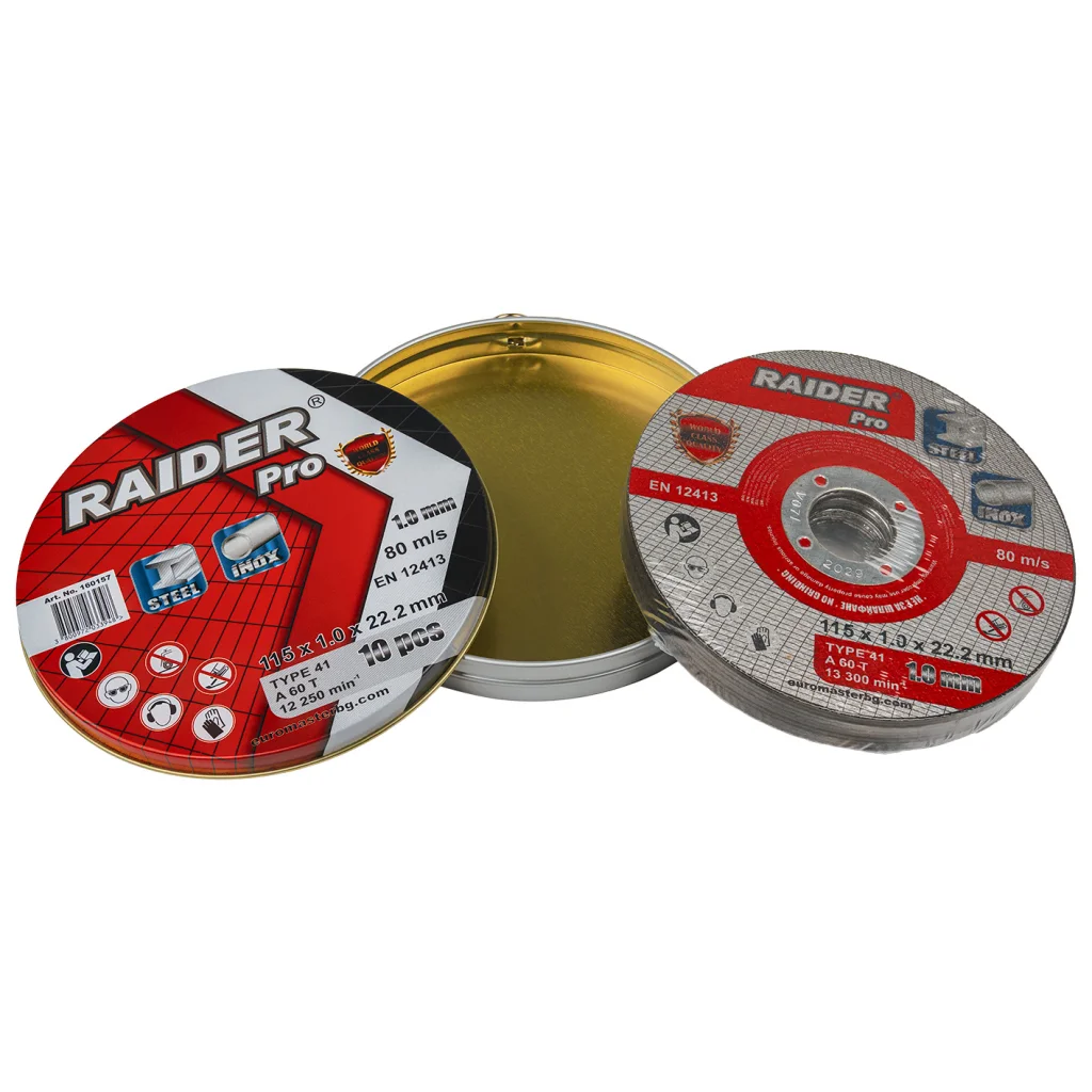 Φωτογραφία προϊόντος: RAIDER Τροχός κοπής inox A60T 115*1.0*22.2mm σε μεταλικό κουτί 160157 (τιμή/τεμ)