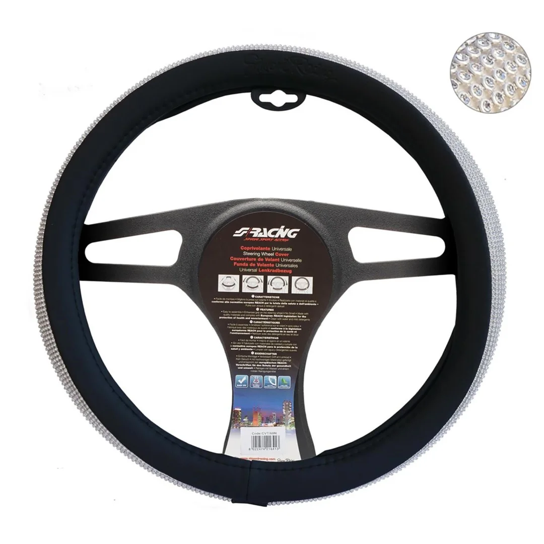 Φωτογραφία προϊόντος: Simoni Racing ΚΑΛΥΜΜΑ ΤΙΜΟΝΙΟΥ BLACK AND DIAMONDS ΜΑΥΡΟ ΜΕ ΣΤΡΑΣ ΟΙΚΟΛΟΓΙΚΟ ΔΕΡΜΑ 37-39cm