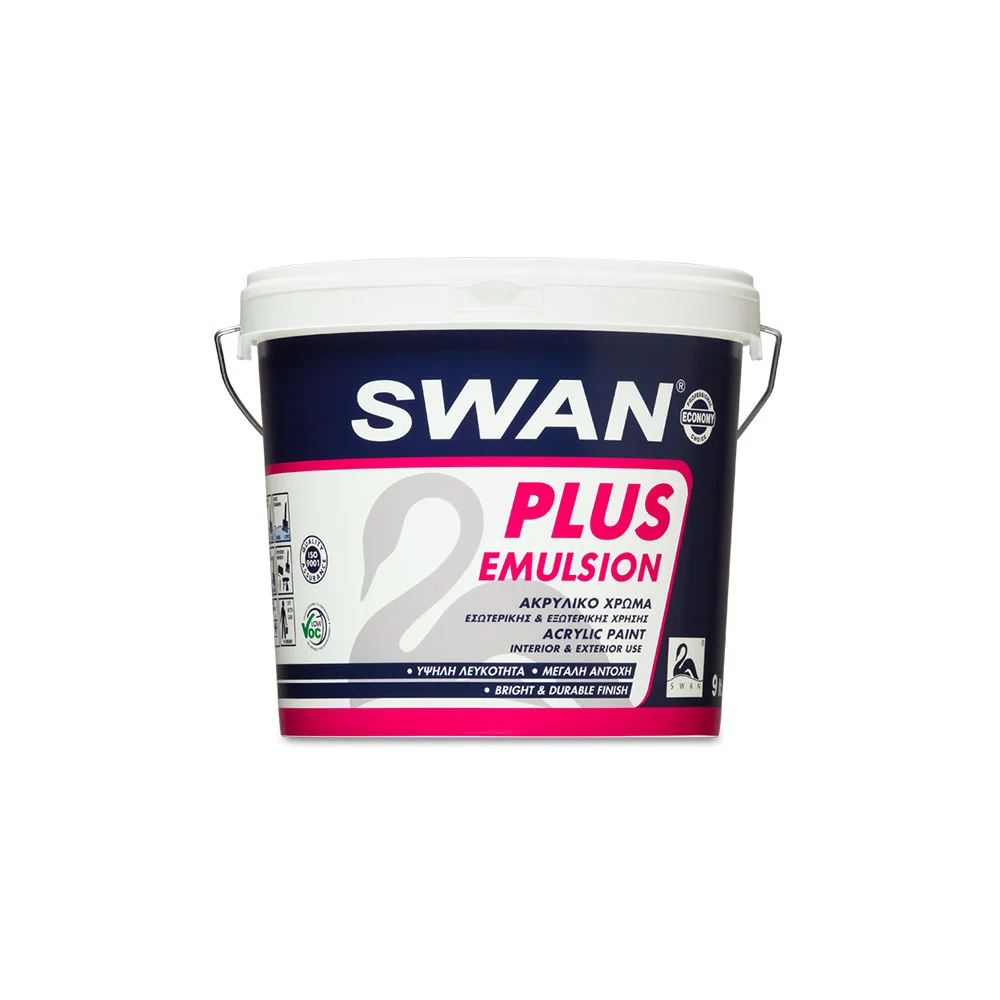 Φωτογραφία προϊόντος: SWAN PLUS EMULSION Ακρυλικό Χρώμα Συνθετικών Ρητινών Εσωτερικής και Εξωτερικής Χρήσης ΜΑΤ Λευκό 9 lt