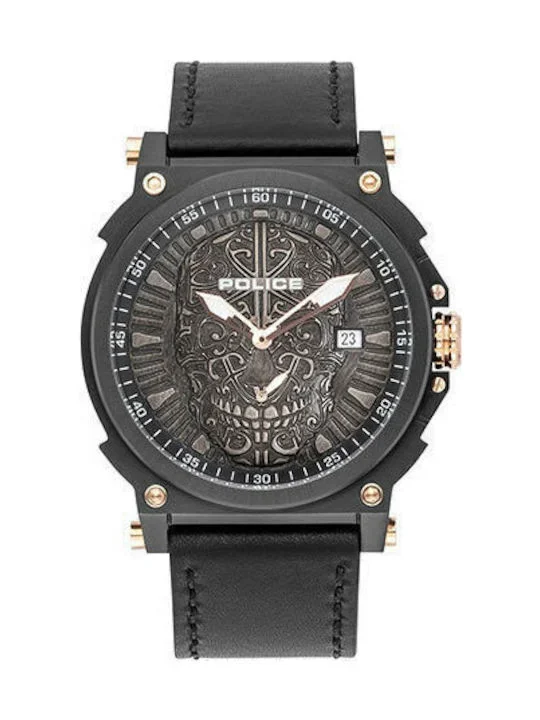 Φωτογραφία προϊόντος: Police Compass Ανδρικό Ρολόι 48mm Μπαταρίας με Μαύρο Δερμάτινο Λουράκι