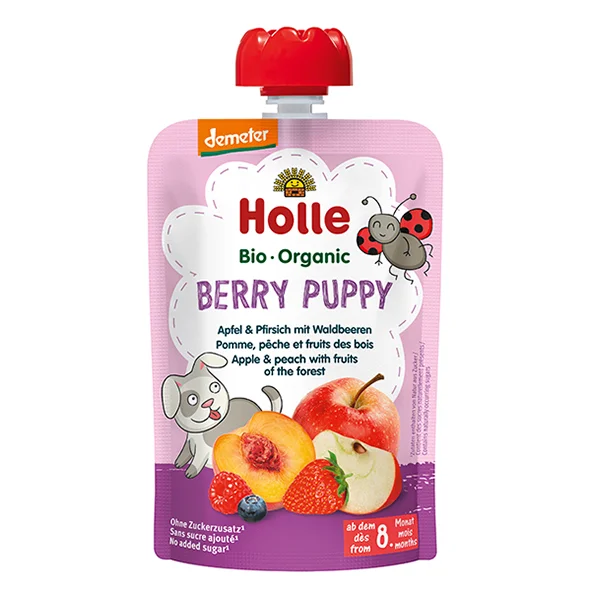 Φωτογραφία προϊόντος: Holle Πουρεδάκι Berry Puppy Μήλο, Ροδάκινο & Φρούτα του Δάσους 90gr