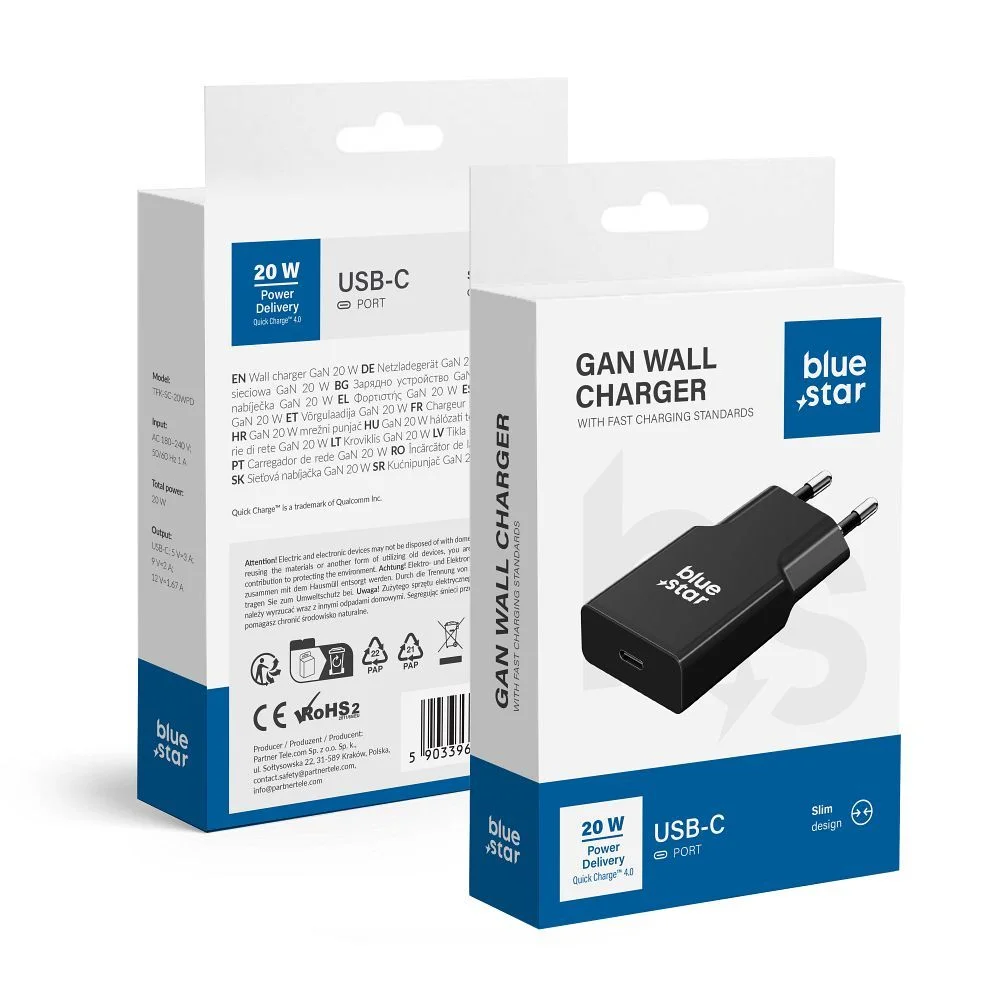 Φωτογραφία προϊόντος: Travel charger Blue Star Slim GaN 1x Type C PD QC4.0 3A 20W black