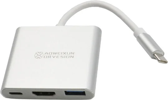 Φωτογραφία προϊόντος: YWX-HD Μετατροπέας USB-C male σε HDMI / USB-A / USB-C female Ασημί
