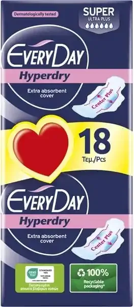 Φωτογραφία προϊόντος: Everyday Hyperdry Super Ultra Plus Economy Σερβιέτες Μεγάλου Μήκους Με Φτερά 18τμχ