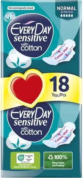 Φωτογραφία προϊόντος: Everyday Σερβιέτες Sensitive Normal/Ultra Plus Με Φτερά 18τμχ