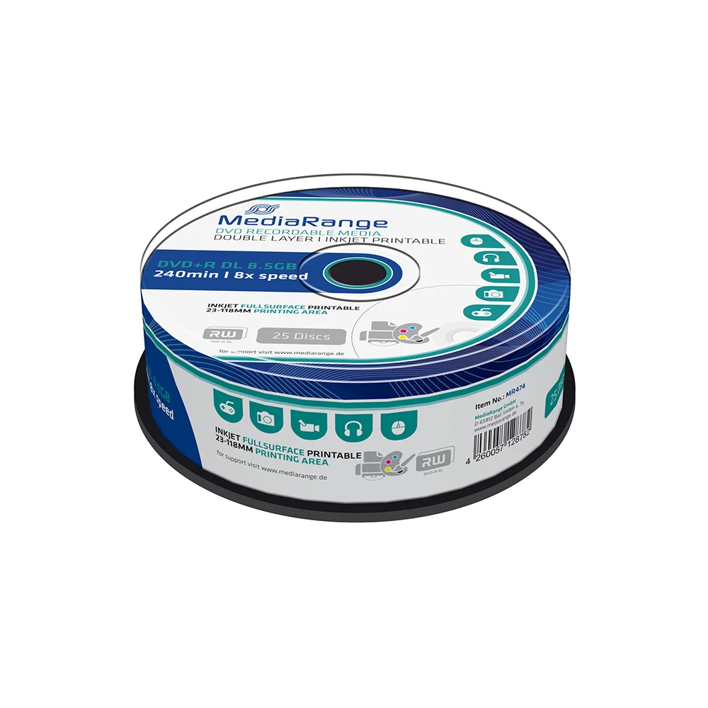 Φωτογραφία προϊόντος: MediaRange DVD+R Double Layer 240' 8.5GB 8x Inkjet Fullsurface Printable Cake Box x 25 (MR474)