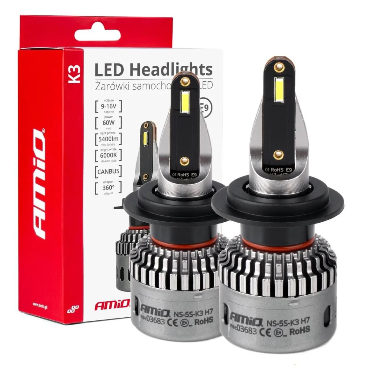 Φωτογραφία προϊόντος: AMIO ΛΑΜΠΕΣ H7 9>16V 6.000K 5.400lm 60W K3 SERIES LED CAN-BUS(ΜΕ ΨΥΚΤΡΑ) AMIO - 2 Τεμ. 03683/ΑΜ