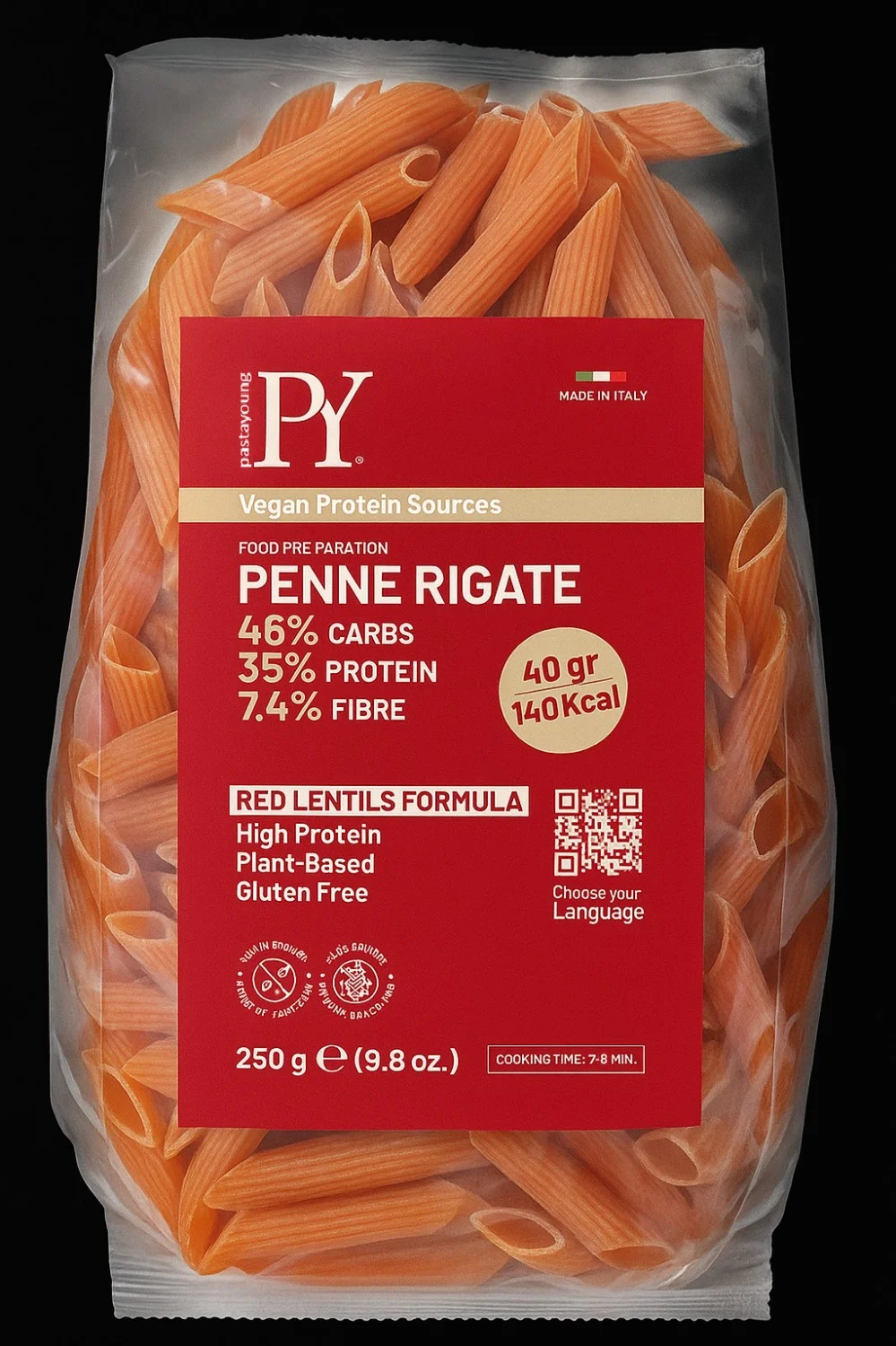 Φωτογραφία προϊόντος: PastaYoung Red Lentils (35% Protein) Penne Rigate - Πένες Ριγέ Κόκκινης Φακής (250g)