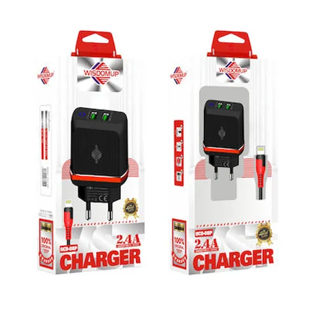 Φωτογραφία προϊόντος: Φορτιστής με 2 Θύρες USB-C Wisdomup OCD-08P Με Καλώδιο Lightning Μαύρος