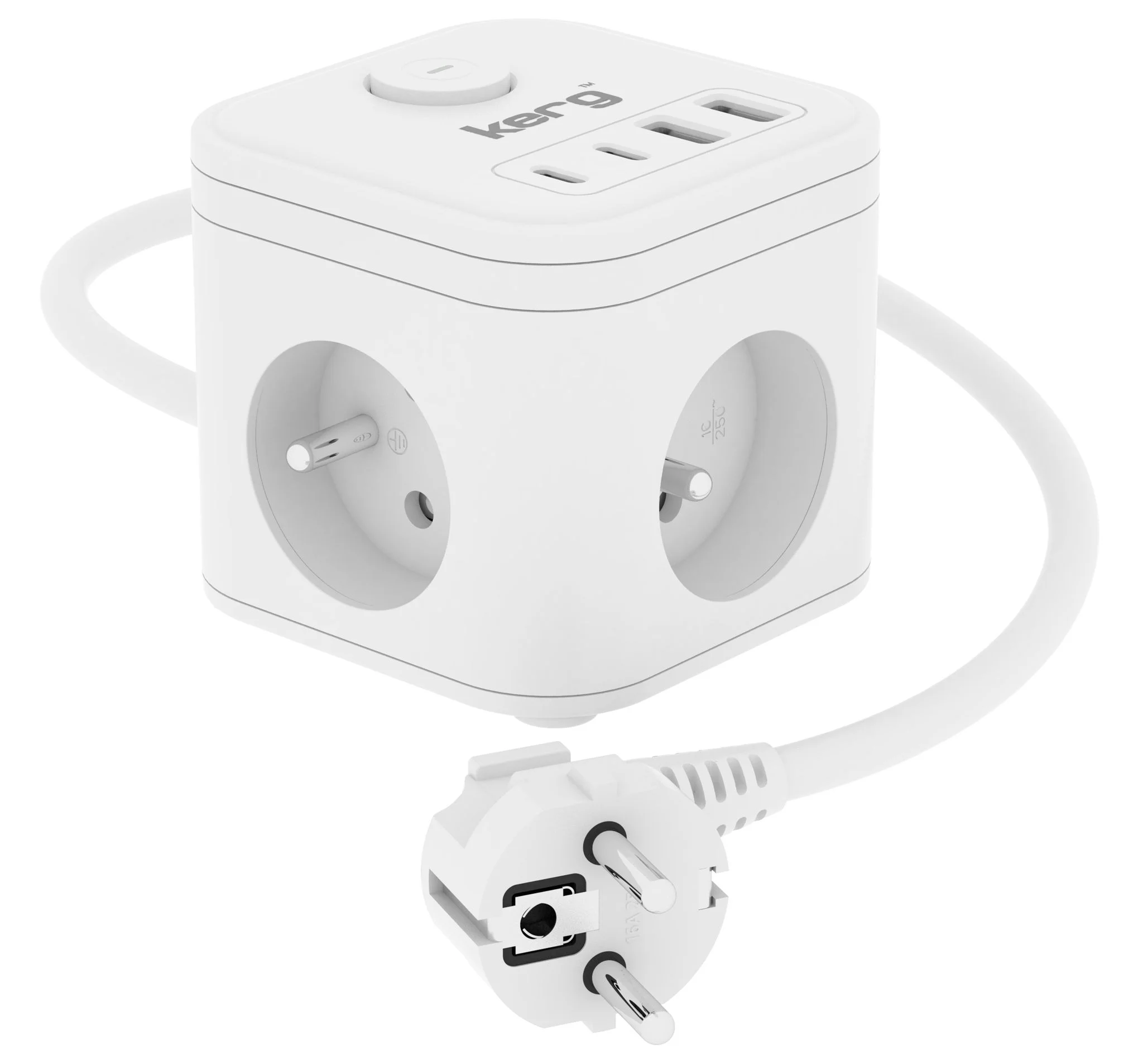 Φωτογραφία προϊόντος: KERG 3-socket power cube + USB-A+USB-C charger 1.5m 3×1.5mm2 H05VV-F 16A/250V~ Smart white