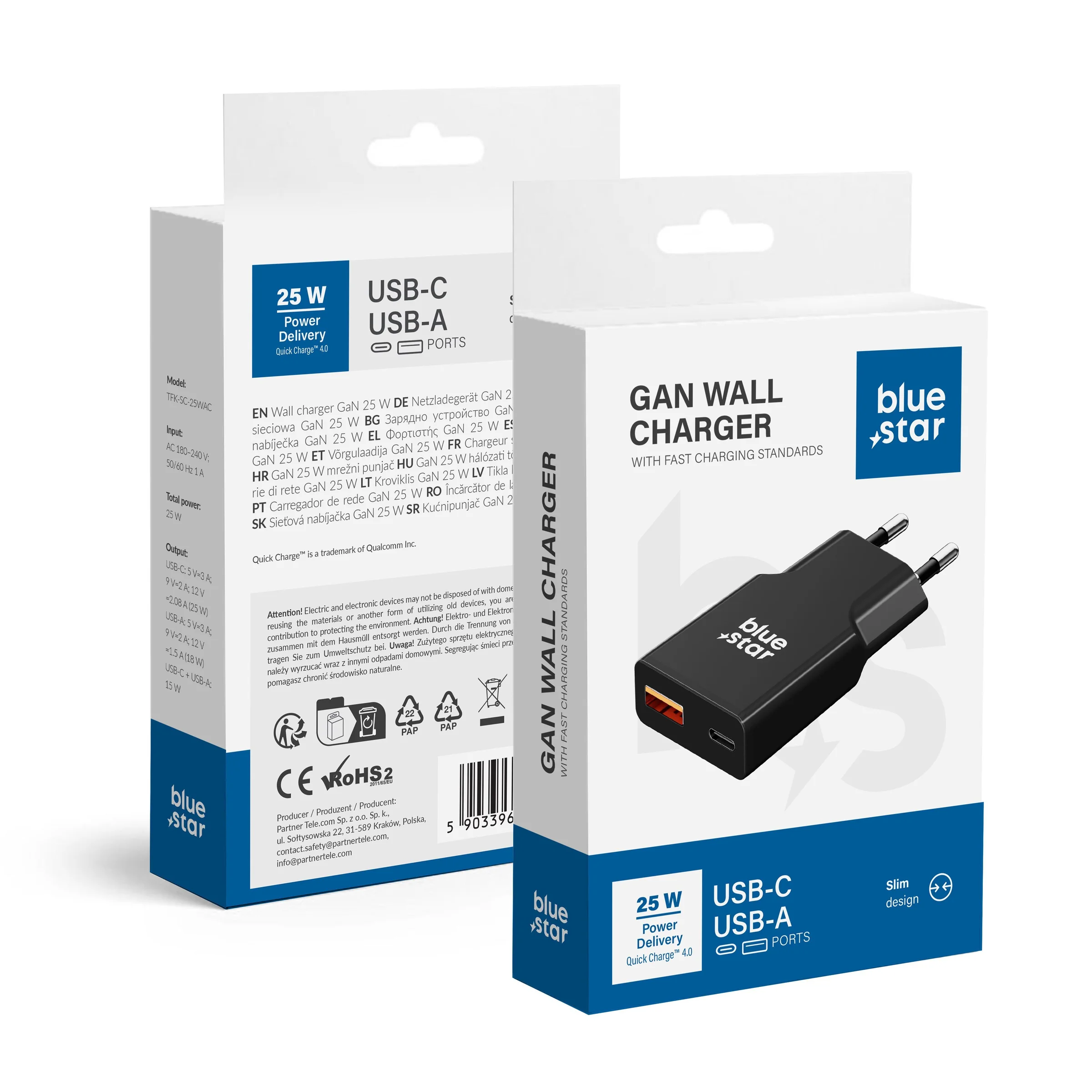 Φωτογραφία προϊόντος: Travel charger Blue Star Slim GaN 1x Type C + 1x USB A PD QC4.0 3A 25W black