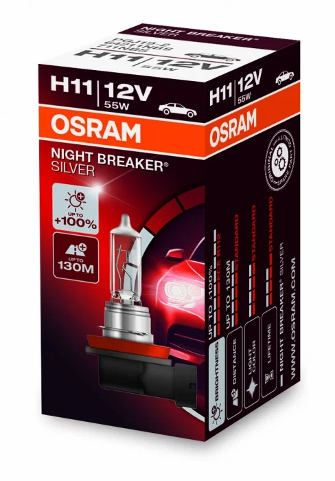 Φωτογραφία προϊόντος: OSRAM H11 12V 55W PGJ19-2 NIGHT BREAKER® SILVER 100% ΠΕΡΙΣΣΟΤΕΡΟ ΦΩΣ (64211NBS) 1τμχ