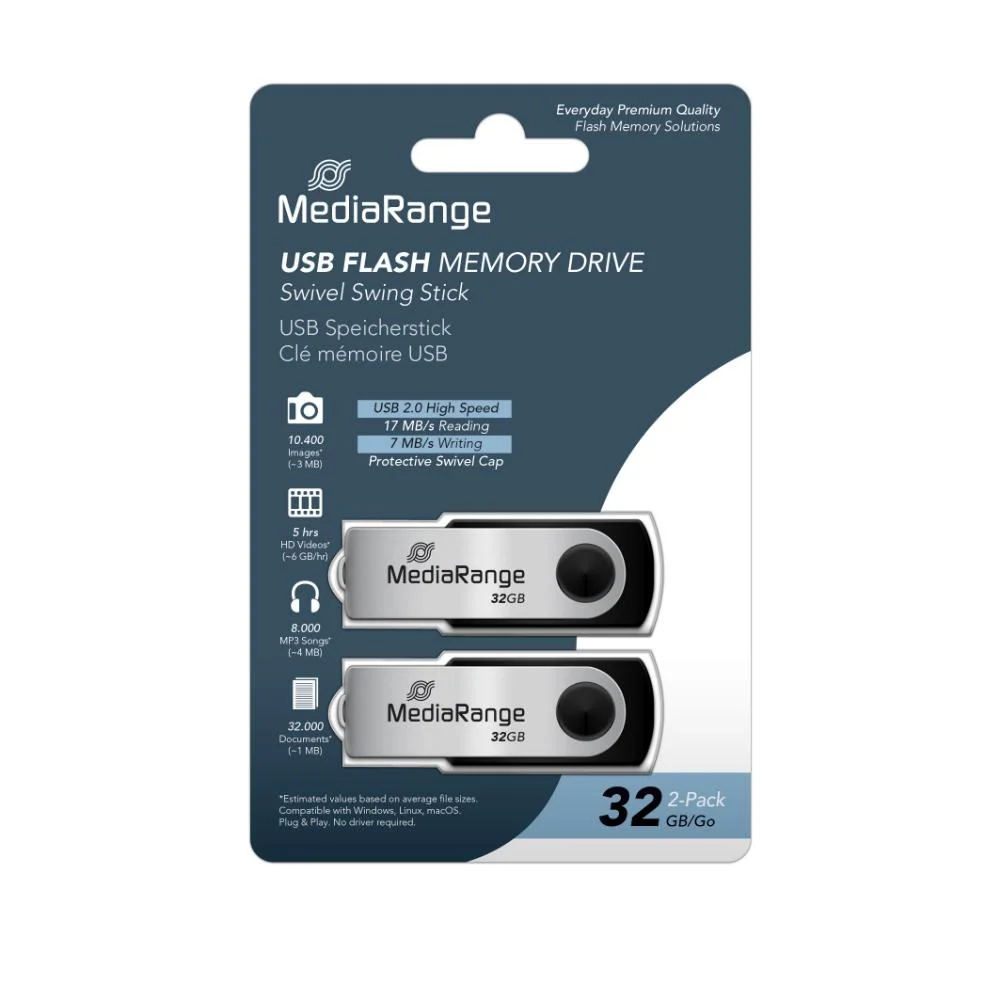 Φωτογραφία προϊόντος: MR SSD & USB FLASH DRIVES & MEMORY CARDS MediaRange USB flash drives, 32GB, Pack 2 (MR911-2)