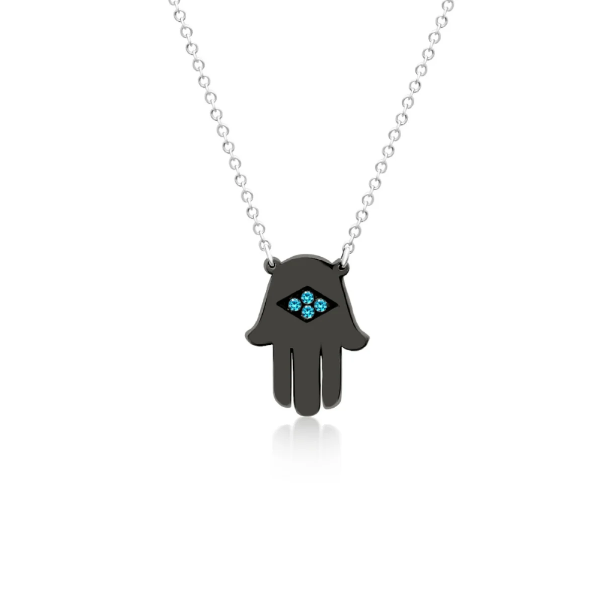 Φωτογραφία προϊόντος: Chrilia Collection Κολιέ hamsa, Κ14 λευκόχρυσο με μπλε διαμάντια 0.01ct, ko3977