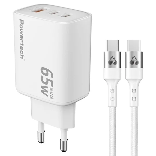 Φωτογραφία προϊόντος: Powertech Wall Adapter USB-A & 2x USB-C 65W & USB-C Cable White (PT-1415)