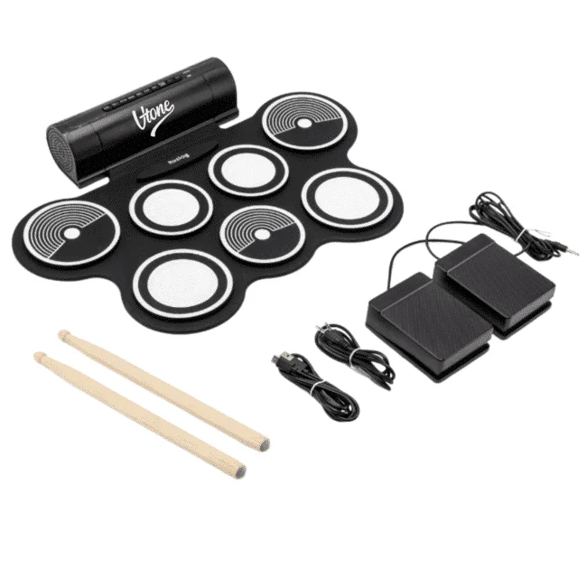 Φωτογραφία προϊόντος: V-TONE RD7 electronic drum kit roll-up USB-C AUX 7 pads pedals drumsticks built-in speakers 2x3W headphone output percussion set
