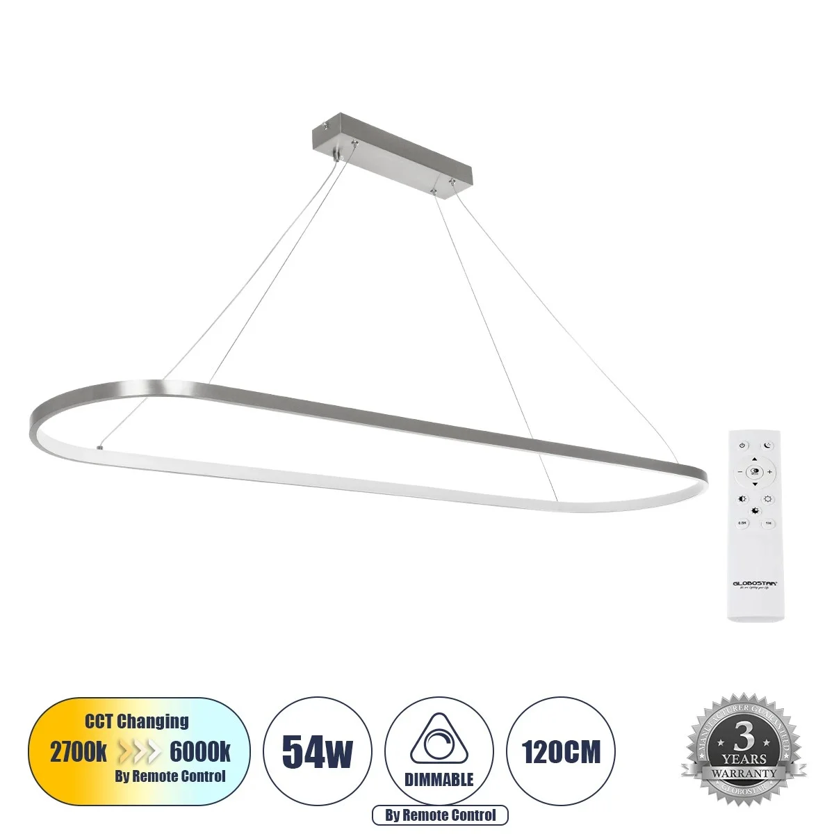 Φωτογραφία προϊόντος: GLOBOSTAR® BOLIVAR 61273 Μοντέρνο Κρεμαστό Φωτιστικό Οροφής LED 54W 6210lm 360° AC 220-240V IP20 Ρυθμιζόμενο Λευκό CCT με Χειριστήριο από 2700K έως 6000K Dimmable - Lumileds SMD Ch