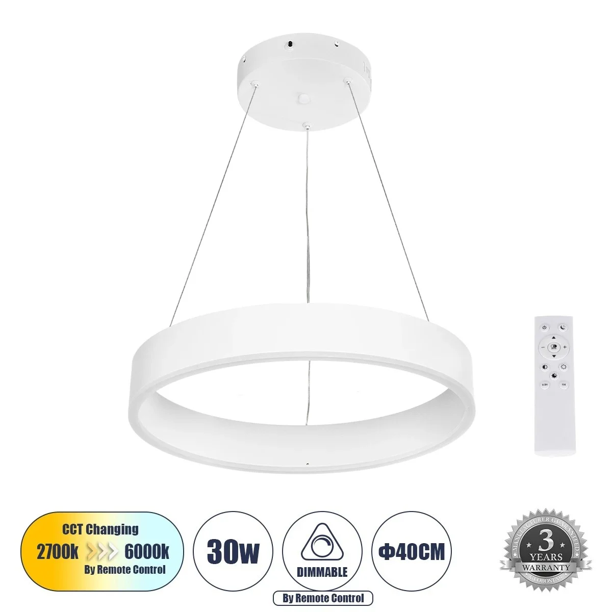 Φωτογραφία προϊόντος: GLOBOSTAR® VENOM 61174 Μοντέρνο Κρεμαστό Φωτιστικό Οροφής LED 30W 3513lm 120° AC 220-240V IP20 Ρυθμιζόμενο Λευκό CCT με Χειριστήριο από 2700K έως 6000K Dimmable - Lumileds SMD Chip