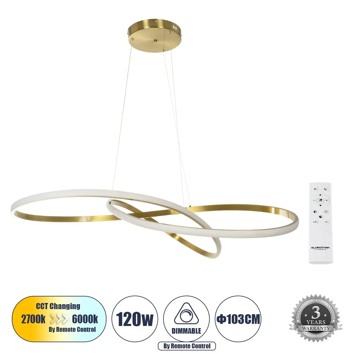 Φωτογραφία προϊόντος: GLOBOSTAR® DEXTER 60920 Μοντέρνο Κρεμαστό Φωτιστικό Οροφής LED 120W 13440lm 300° AC 220-240V IP20 Ρυθμιζόμενο Λευκό CCT με Χειριστήριο από 2700K έως 6000K Dimmable - Lumileds SMD C