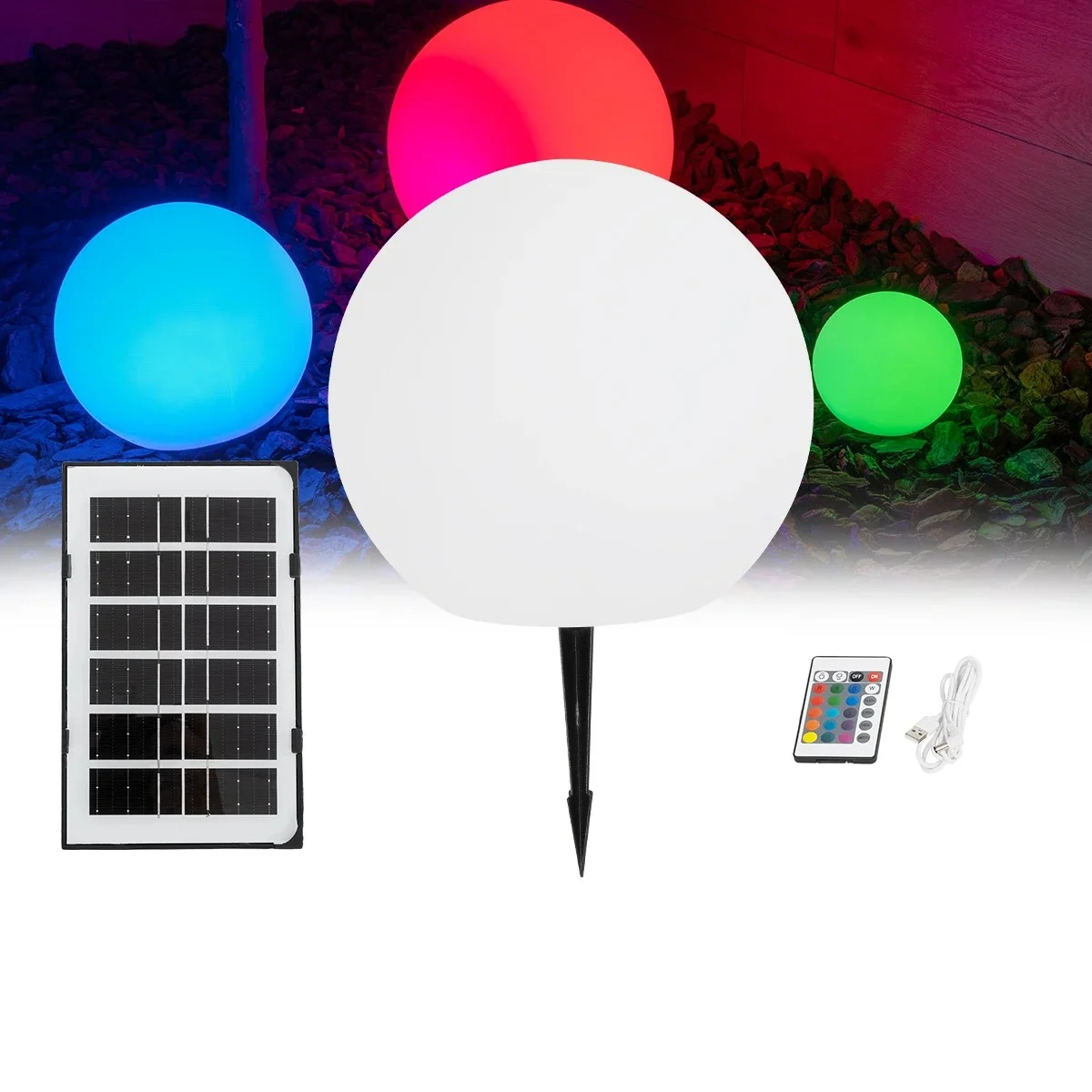 Φωτογραφία προϊόντος: GLOBOSTAR® GARDENGLOW 71474 Μοντέρνο Φωτιστικό Κήπου Μπάλα με IR Ασύρματο Χειριστήριο LED 3W 240lm 360° DC 5V με USB-C με Ενσωματωμένο Φωτοβολταϊκό Panel 6V 1W & Επαναφορτιζόμενη Μ