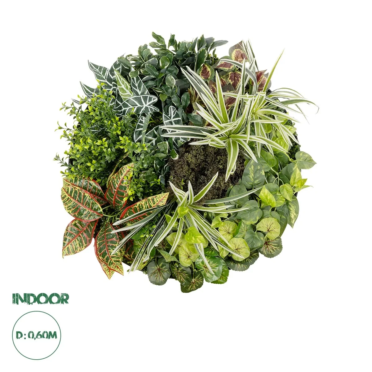 Φωτογραφία προϊόντος: GloboStar® Artificial Garden VARIOUS PLANTS ROUND WALL DISC 20691 Τεχνητό Διακοσμητικό Στρογγυλό Πάνελ Φυλλωσιάς - Κάθετος Κήπος Μιξ Μ60 x Π60 x Υ20cm