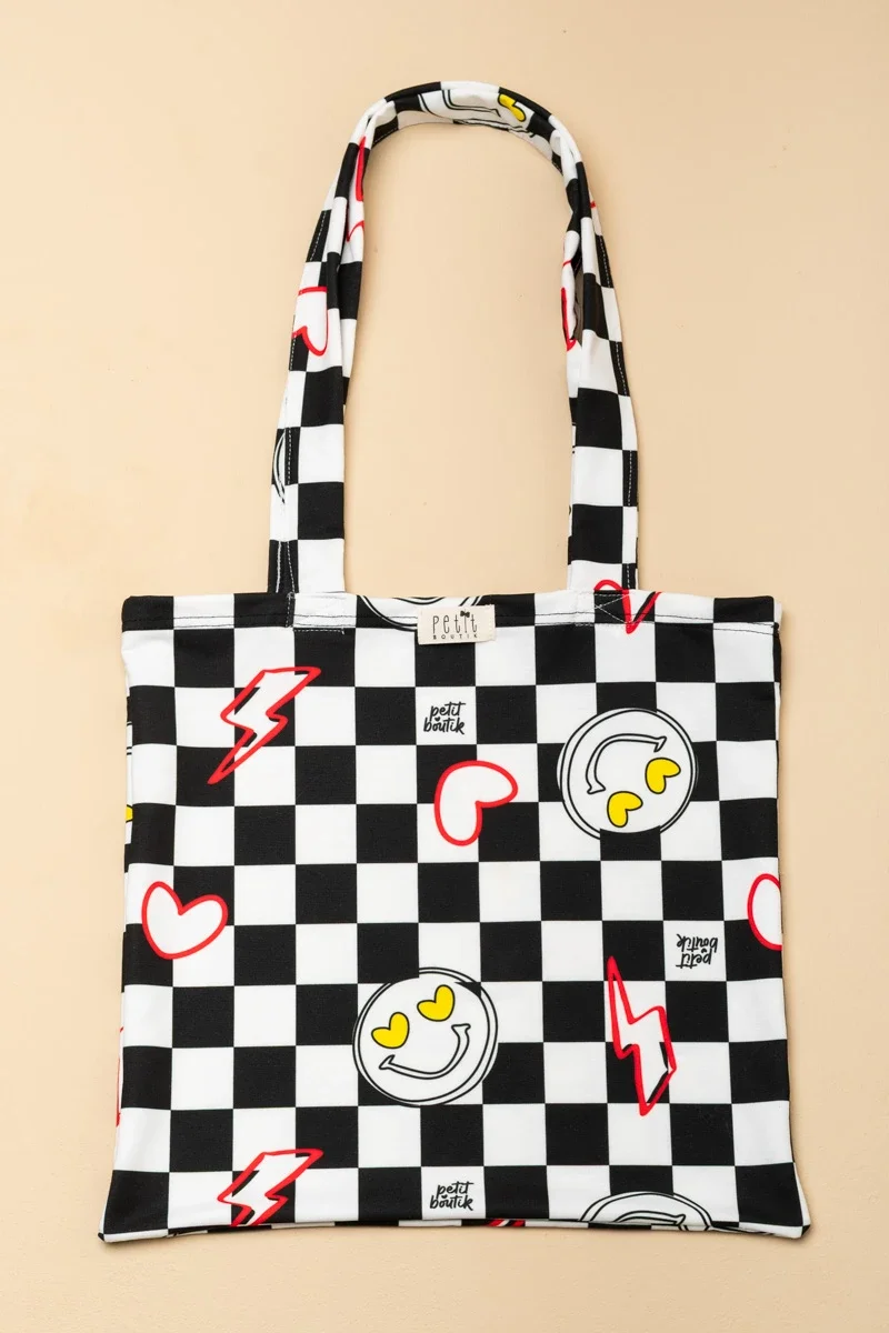 Φωτογραφία προϊόντος: White Checkered Smiley Φούτερ Tote Bag Petit Boutik