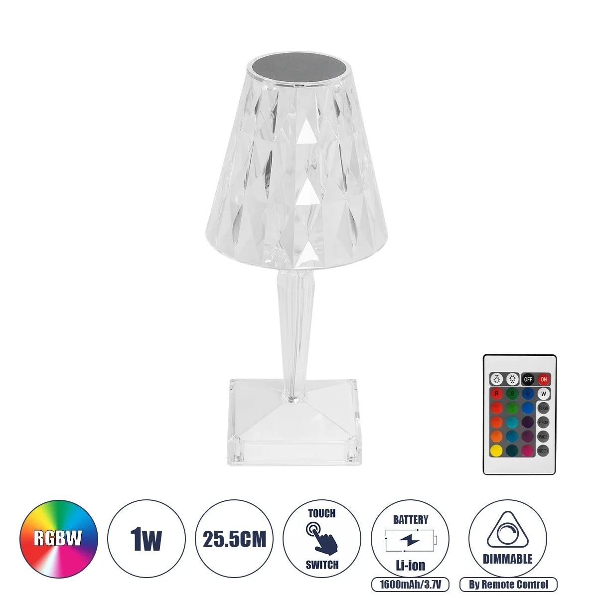 Φωτογραφία προϊόντος: GLOBOSTAR® CRYSTAL 62042 Μοντέρνο Επιτραπέζιο Φωτιστικό Πορτατίφ LED 1W 100lm 360° DC 5V USB-C με Επαναφορτιζόμενη Μπαταρία Li-ion 3.7V 1600mAh IP44 Πολύχρωμο RGBW με Χειριστήριο D