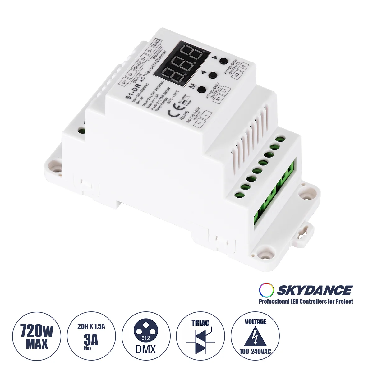 Φωτογραφία προϊόντος: GLOBOSTAR® SKYDANCE-S1-DR 70670 AC Trailing Edge DMX Dimmer Ράγας με 2 x 1.5A 360W Κανάλια AC 220-240V 3A 720W Max IP20 - DMX512 & RDM - Μ11.5 x Π5 x Υ6.5cm - 5 Χρόνια Εγγύηση