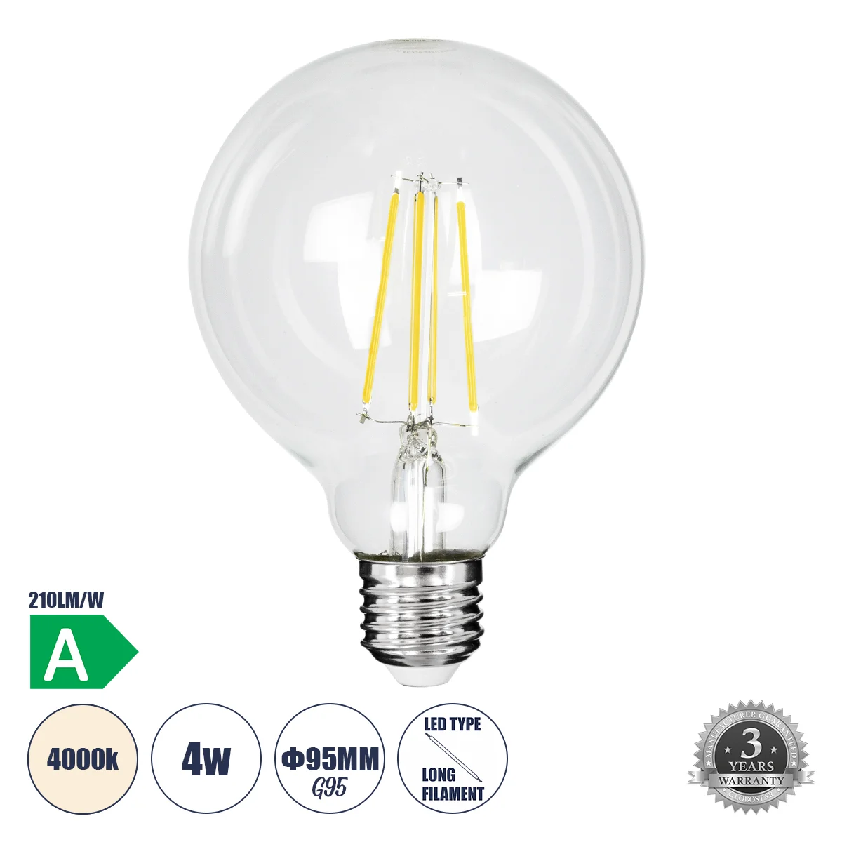 Φωτογραφία προϊόντος: GLOBOSTAR® BUBBLE 99092 Λάμπα E27 G95 LED 4W 840lm 360° AC 220-240V IP20 Φυσικό Λευκό 4500K - Filament Chip - Διάφανο - Μ9.5 x Π9.5 x Υ13.8cm - 3 Χρόνια Εγγύηση