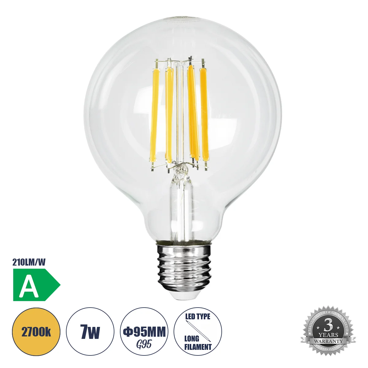 Φωτογραφία προϊόντος: GLOBOSTAR® BUBBLE 99088 Λάμπα E27 G95 LED 7W 1470lm 360° AC 220-240V IP20 Θερμό Λευκό 2700K - Long Filament Chip - Διάφανο - Μ9.5 x Π9.5 x Υ13.8cm - 3 Χρόνια Εγγύηση