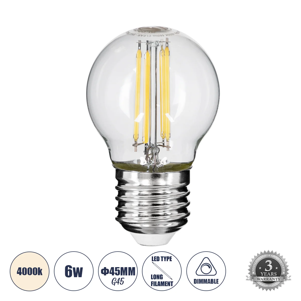Φωτογραφία προϊόντος: GLOBOSTAR® SPHERE 99052 Λάμπα E27 G45 LED 6W 660lm 360° AC 220-240V IP20 Φυσικό Λευκό 4500K Dimmable - Long Filament Chip -Διάφανο - Μ4.5 x Π4.5 x Υ7.5cm - 3 Χρόνια Εγγύηση