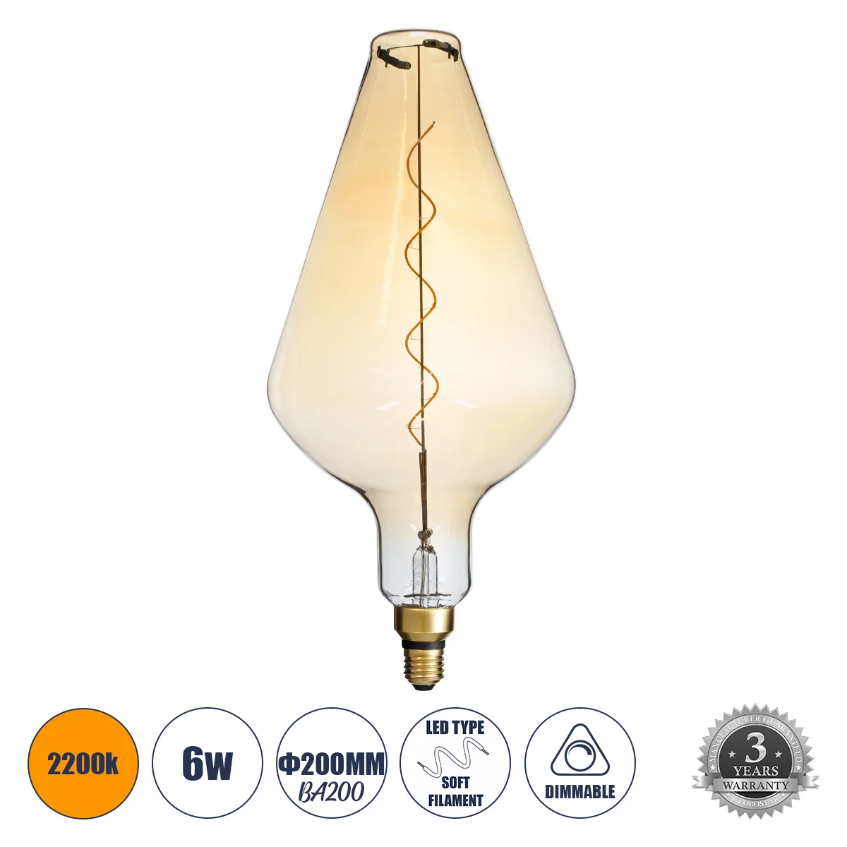 Φωτογραφία προϊόντος: GLOBOSTAR® ROCKET 99022 Λάμπα E27 BA200 LED 6W 420lm 360° AC 220-240V IP20 Ultra Θερμό Λευκό 2200K Dimmable - Soft S Spiral Filament Chip - Μελί - Μ20 x Π20 x Υ41.5cm - 3 Χρόνια Εγ