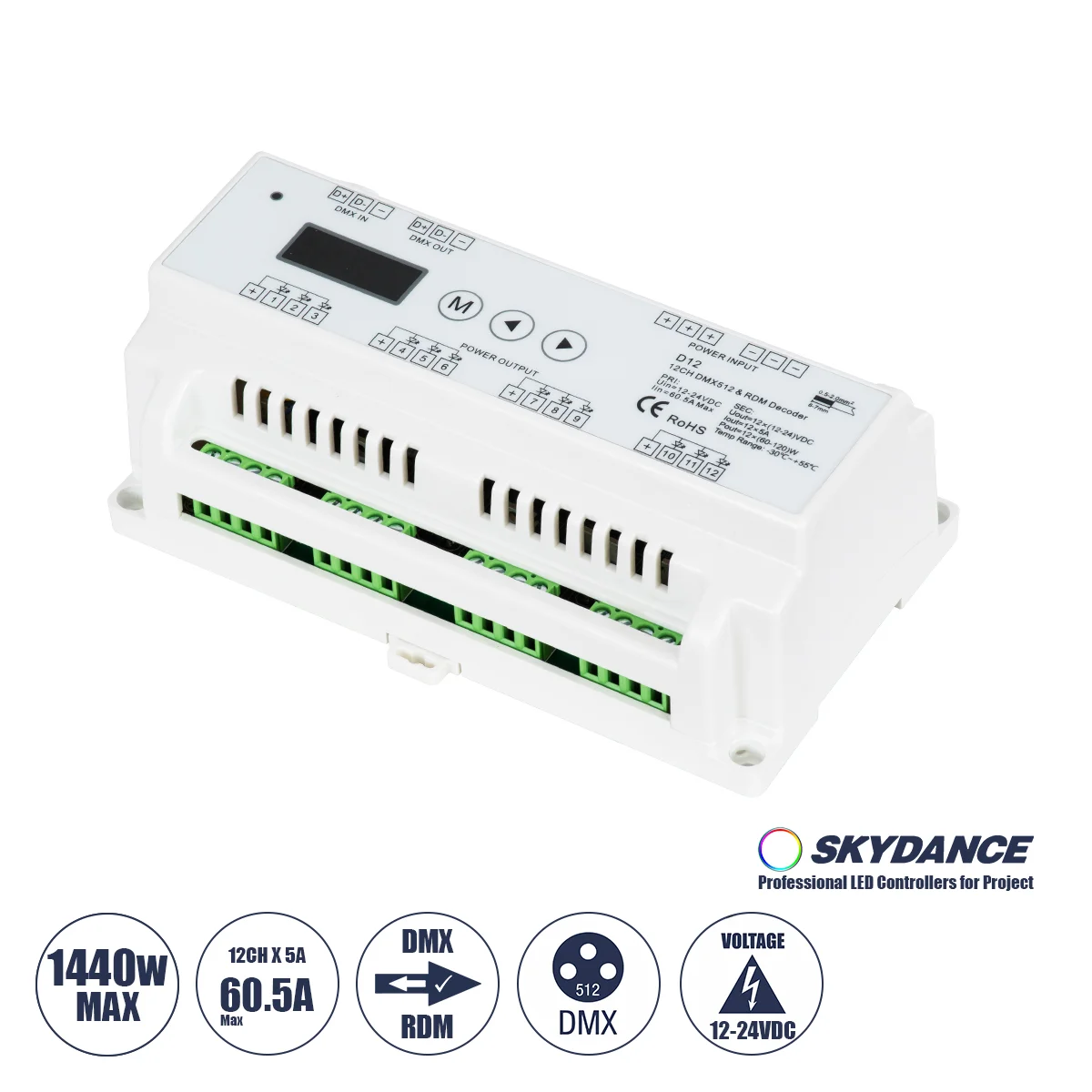 Φωτογραφία προϊόντος: GloboStar® 71449 D12 SKYDANCE DC DMX & RDM Dimmer Din Rail Ράγας High Speed Controller / Decoder / Master 12 Καναλιών DC 12-24V 12 x 5A 120W - Max 60.5A 1440W - IP20 Μ15.5 x Π9 x Υ