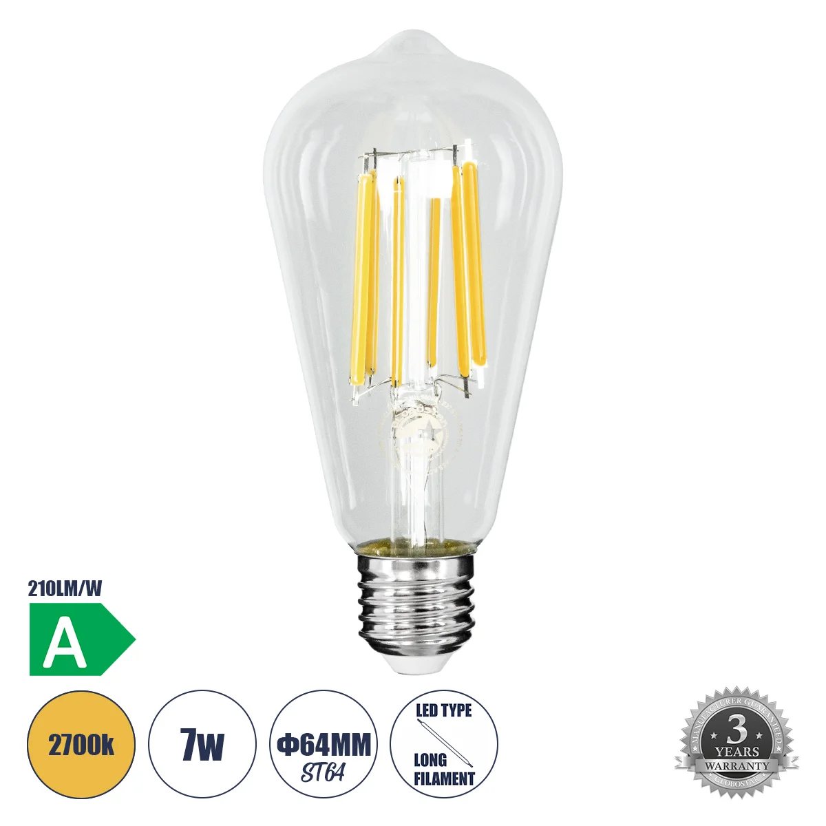 Φωτογραφία προϊόντος: GLOBOSTAR® PEAR 99090 Λάμπα E27 ST64 LED 7W 1470lm 360° AC 220-240V IP20 Θερμό Λευκό 2700K - Long Filament Chip - Διάφανο - Μ6.4 x Π6.4 x Υ14.5cm - 3 Χρόνια Εγγύηση