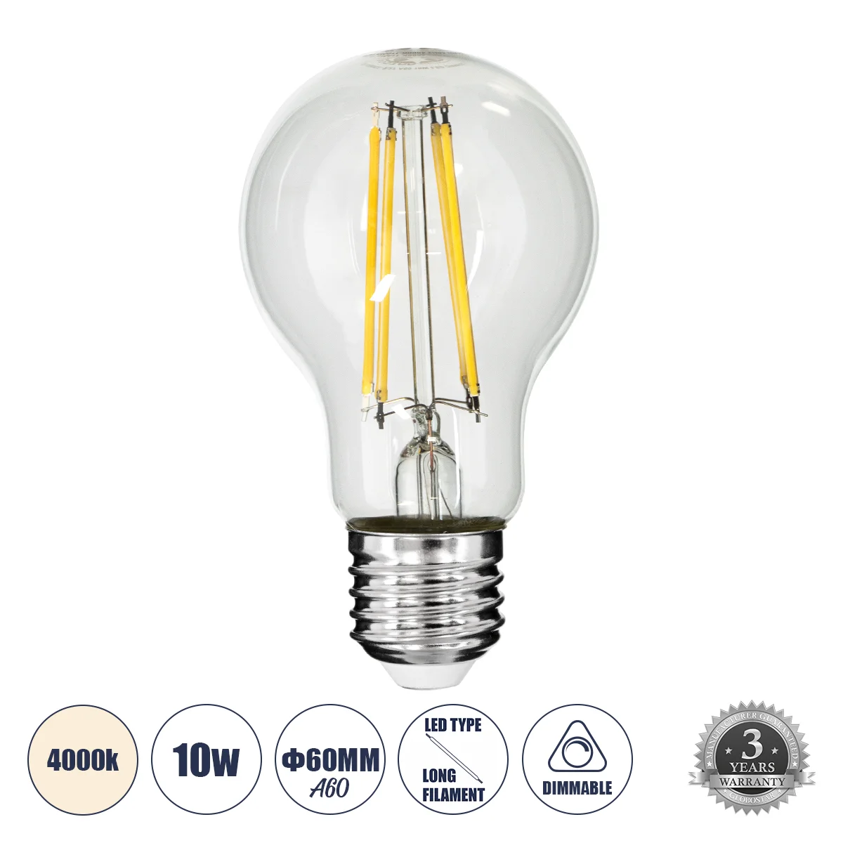 Φωτογραφία προϊόντος: GLOBOSTAR® GLOBE 99053 Λάμπα E27 A60 LED 10W 1100lm 360° AC 220-240V IP20 Φυσικό Λευκό 4500K Dimmable - Long Filament Chip - Διάφανο - Μ6 x Π6 x Υ10.5cm - 3 Χρόνια Εγγύηση