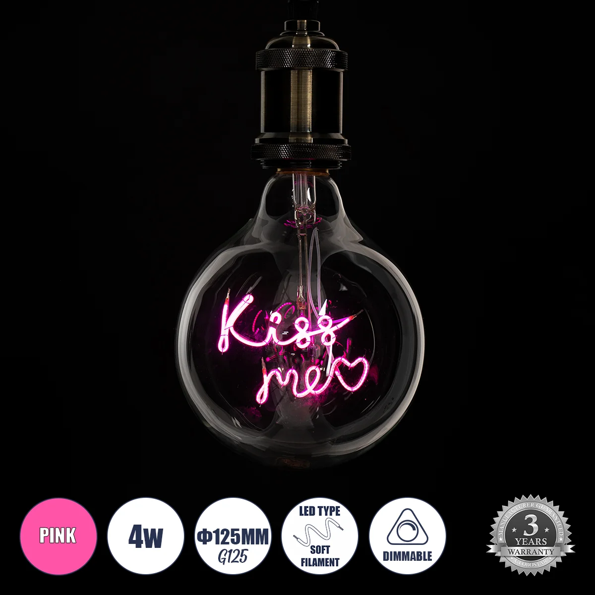 Φωτογραφία προϊόντος: GLOBOSTAR® KISS ME 99256 Λάμπα E27 G125 LED 4W 340lm 360° AC 220-240V IP20 Ροζ Dimmable - Filament Chip - Διάφανο - Μ12.5 x Π12.5 x Υ18cm - 3 Χρόνια Εγγύηση