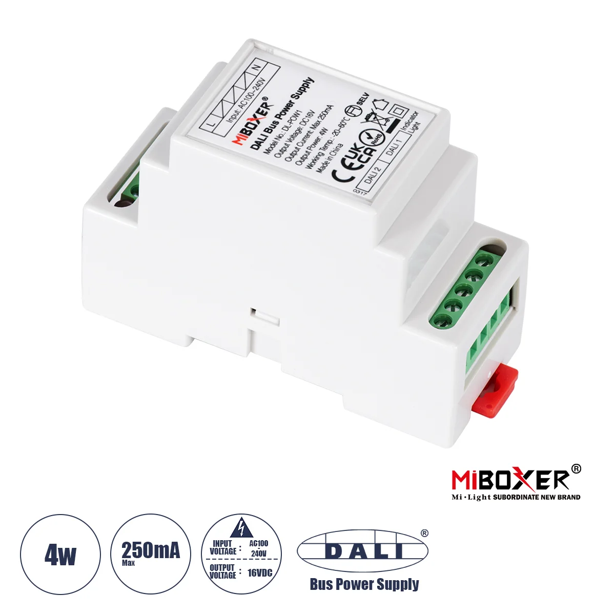 Φωτογραφία προϊόντος: GLOBOSTAR® MiBOXER-DL-POW1 71420 DC DALI BUS Τροφοδοτικό/Μετασχηματιστής SELV Ράγας με 2 x 125mA 2W Κανάλια AC 220-240V σε DC 16V 250mA 4W Max IP20 - DALI BUS - Μ9 x Π3.4 x Υ6cm -