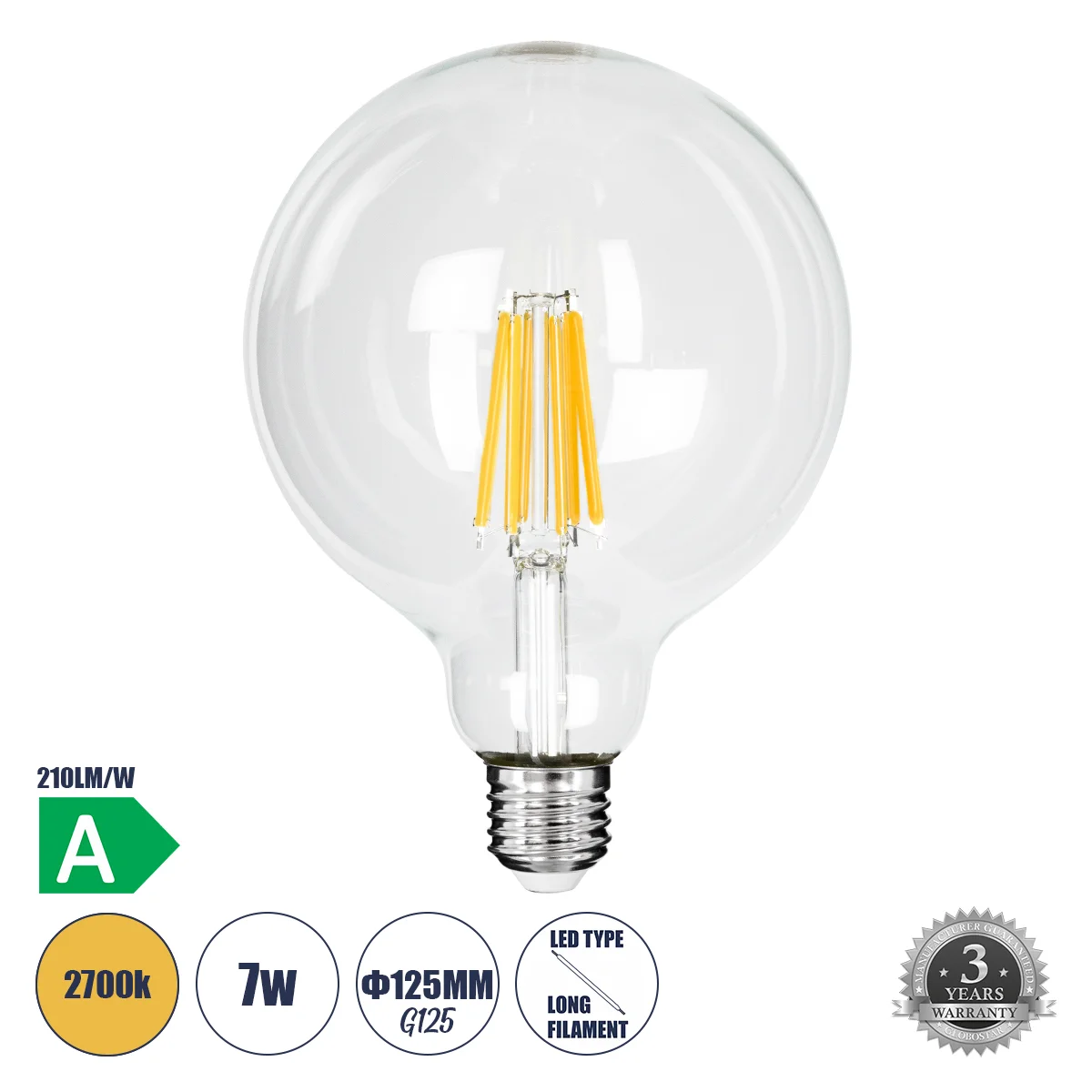 Φωτογραφία προϊόντος: GLOBOSTAR® BUBBLE 99089 Λάμπα E27 G125 LED 7W 1470lm 360° AC 220-240V IP20 Θερμό Λευκό 2700K - Long Filament Chip - Διάφανο - Μ12.5 x Π12.5 x Υ13.8cm - 3 Χρόνια Εγγύηση